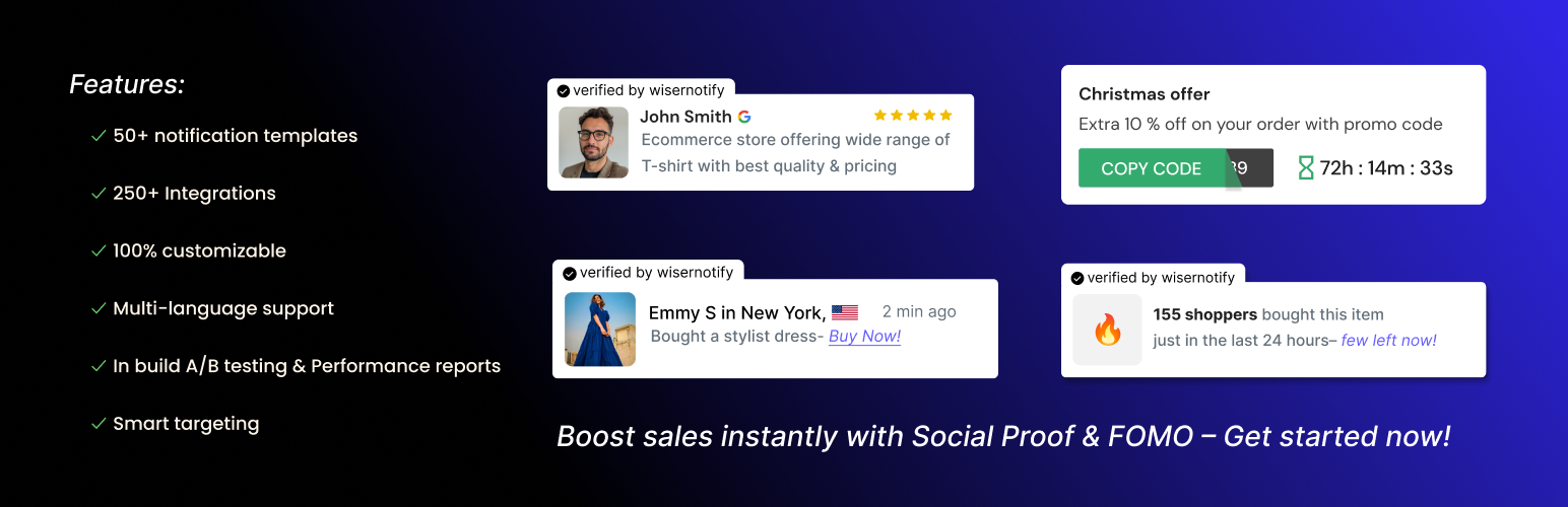 WordPress 外掛 WiserNotify – Social Proof & FOMO Notifications, WooCommerce Sales Popups, Reviews & Announcement Bar 的封面圖片。
