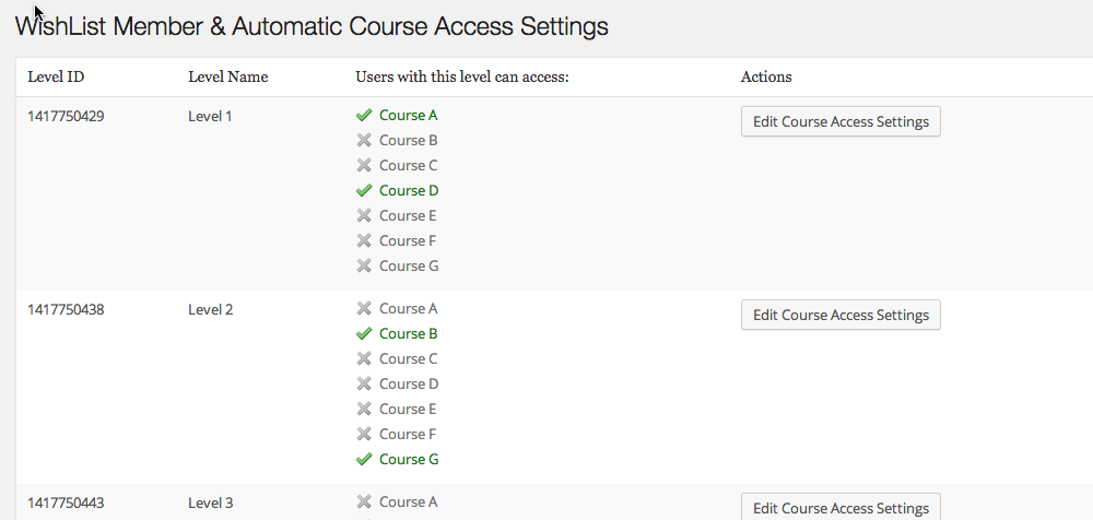 The Course Access Settings screen will display the courses associated with membership levels