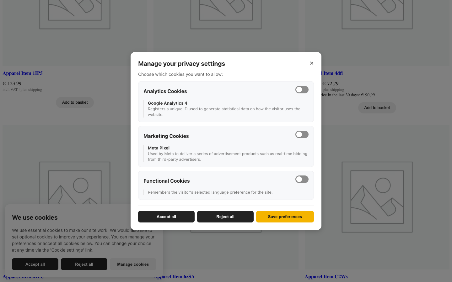 The preferences modal with per-category toggles.