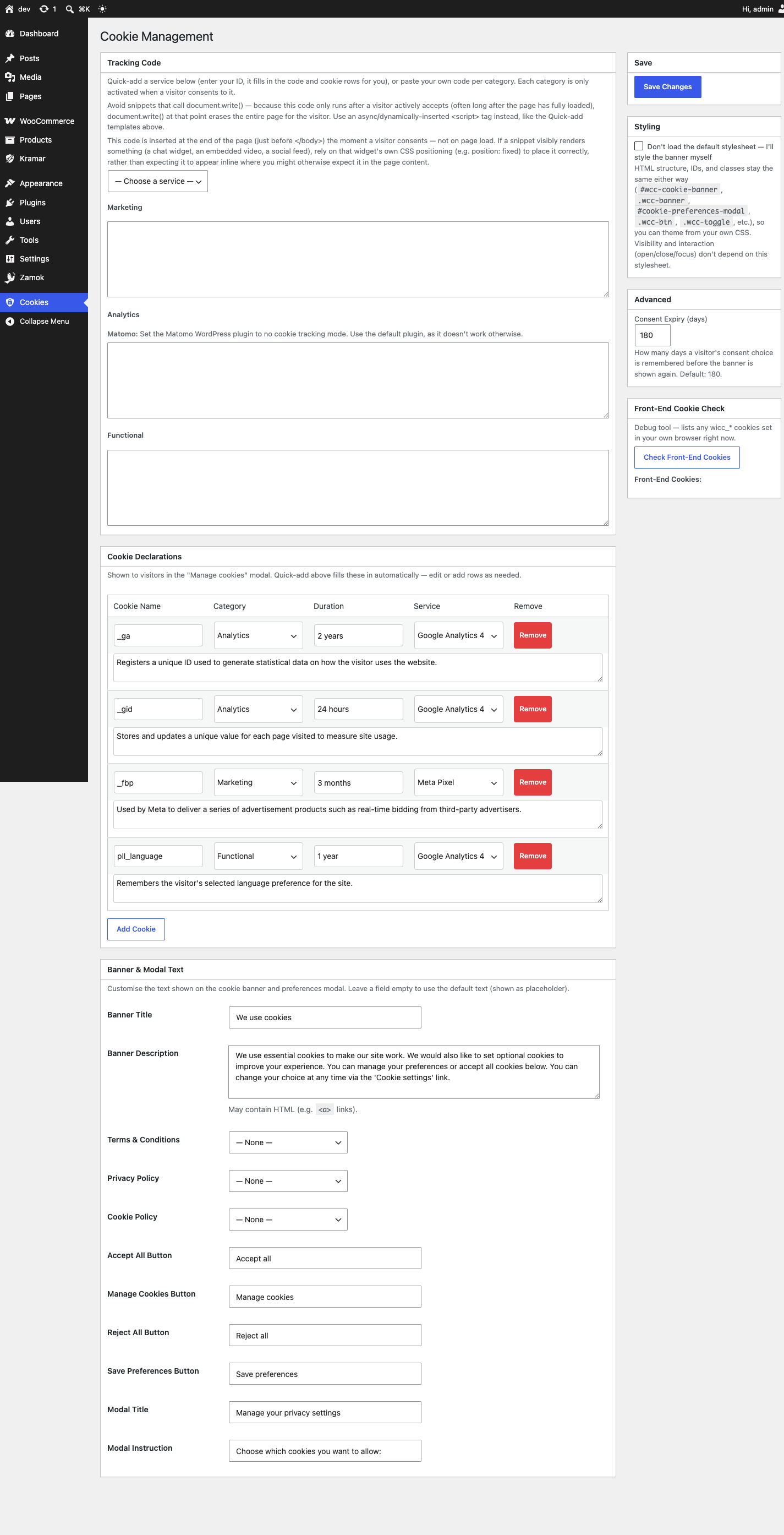 The Cookie Management admin page.