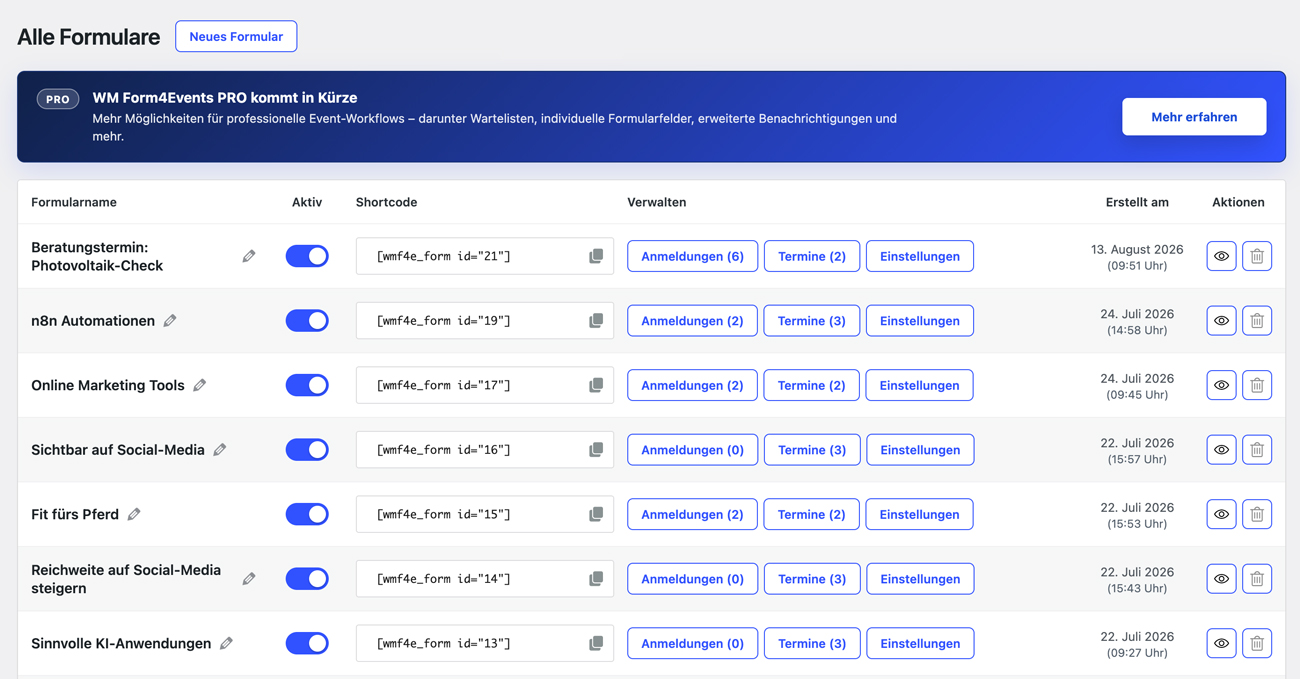 Overview of all event forms with status, shortcode and quick access to registrations, appointments and settings.