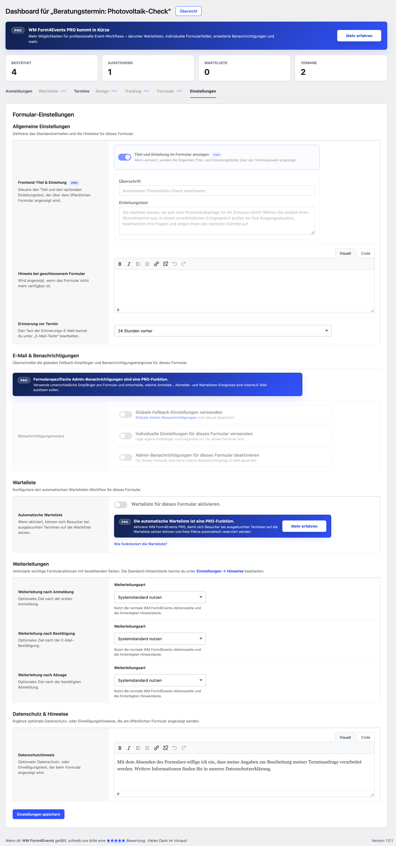 Form dashboard with configurable settings, email notifications, redirects and privacy options.