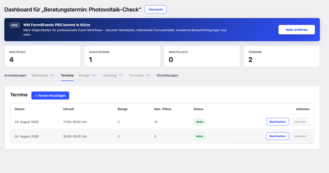 Appointment management for viewing, adding and editing event dates, times and participant limits.