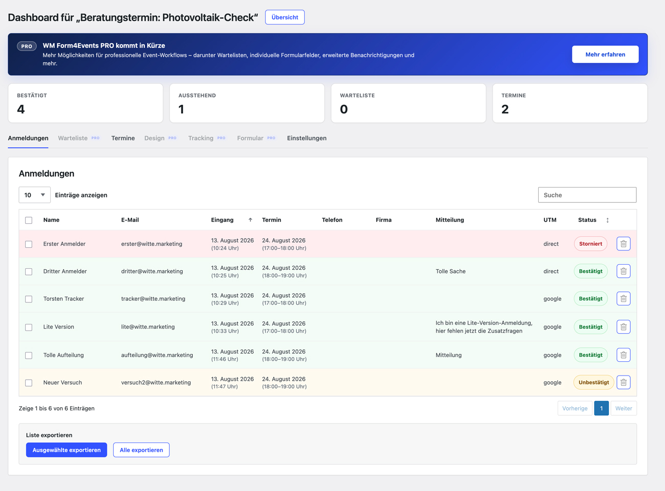 Attendee management with registration statuses, search, export options and appointment information.