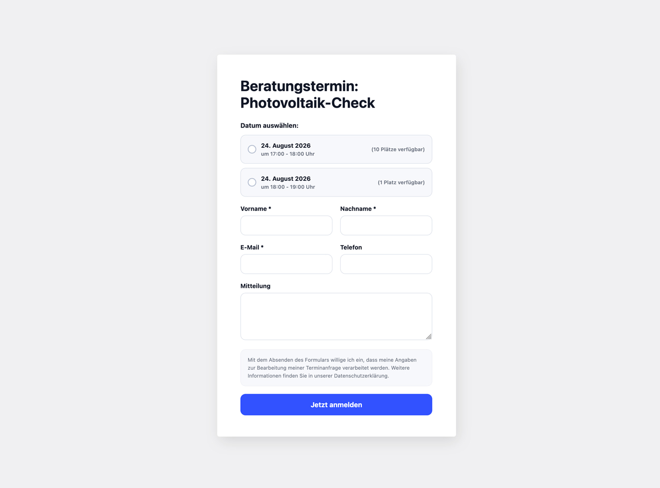 Frontend event registration form with appointment selection, available places and attendee fields.