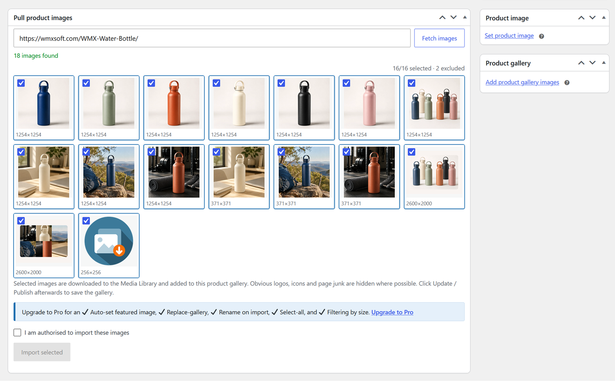 After fetching images from a supplier URL, pick the ones you want. Each tile shows its real dimensions, and obvious logos, icons and page junk are hidden.