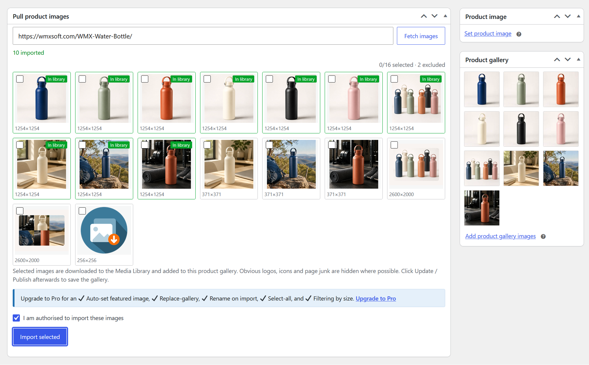 The picked images imported straight into the WooCommerce product gallery, ready to publish.