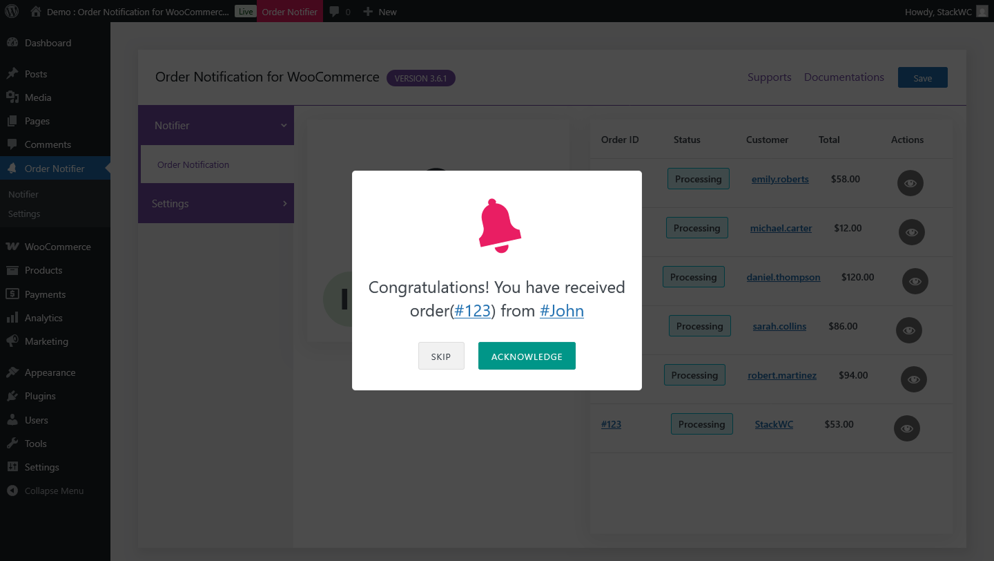Notification Popup Preview - See how audio alerts will appear