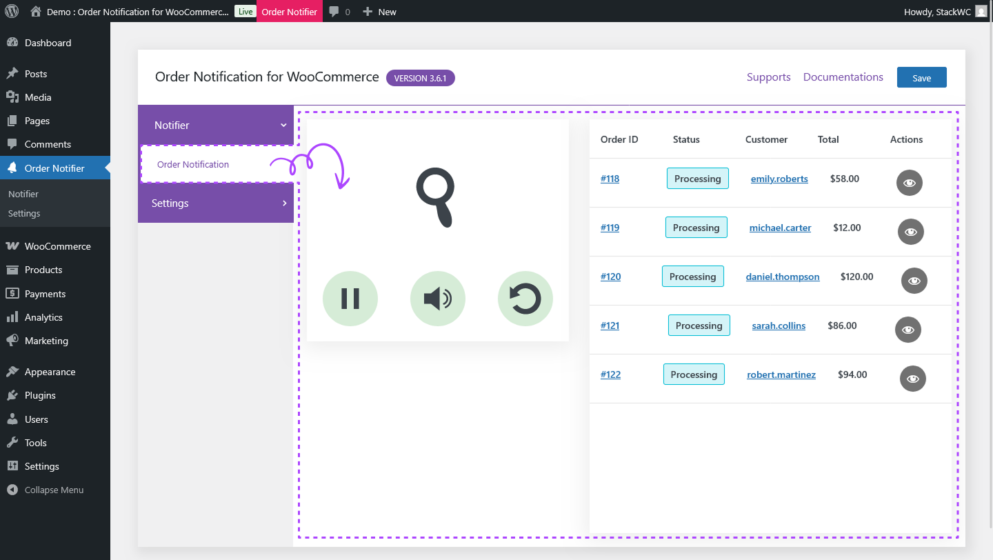 Order Notification Panel & Order List