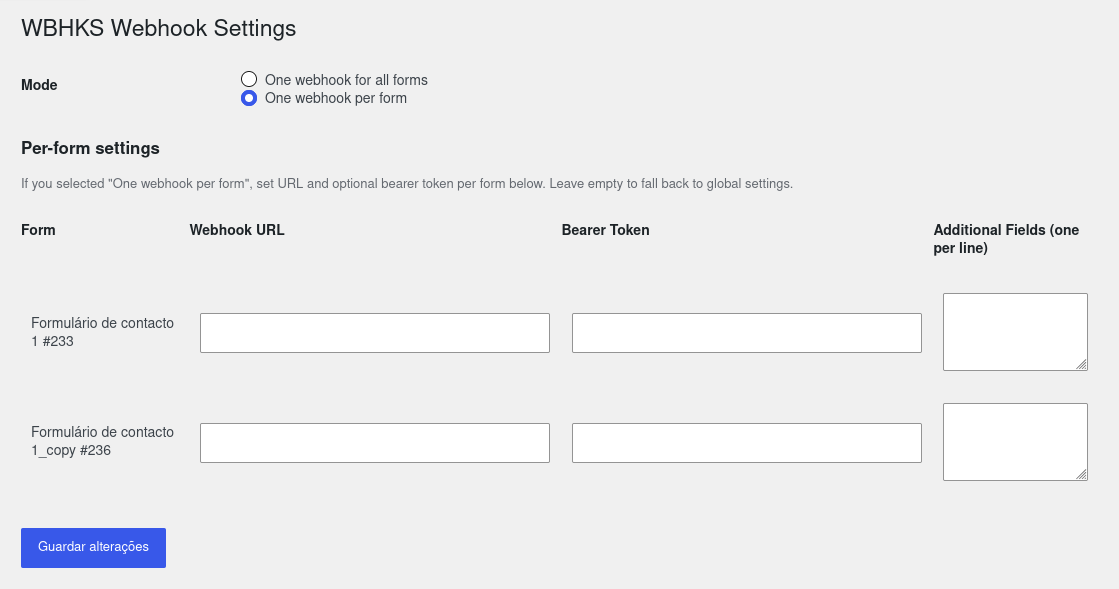 Per-form settings with webhook URLs, optional Bearer tokens, and additional fields for each Contact Form 7 form.