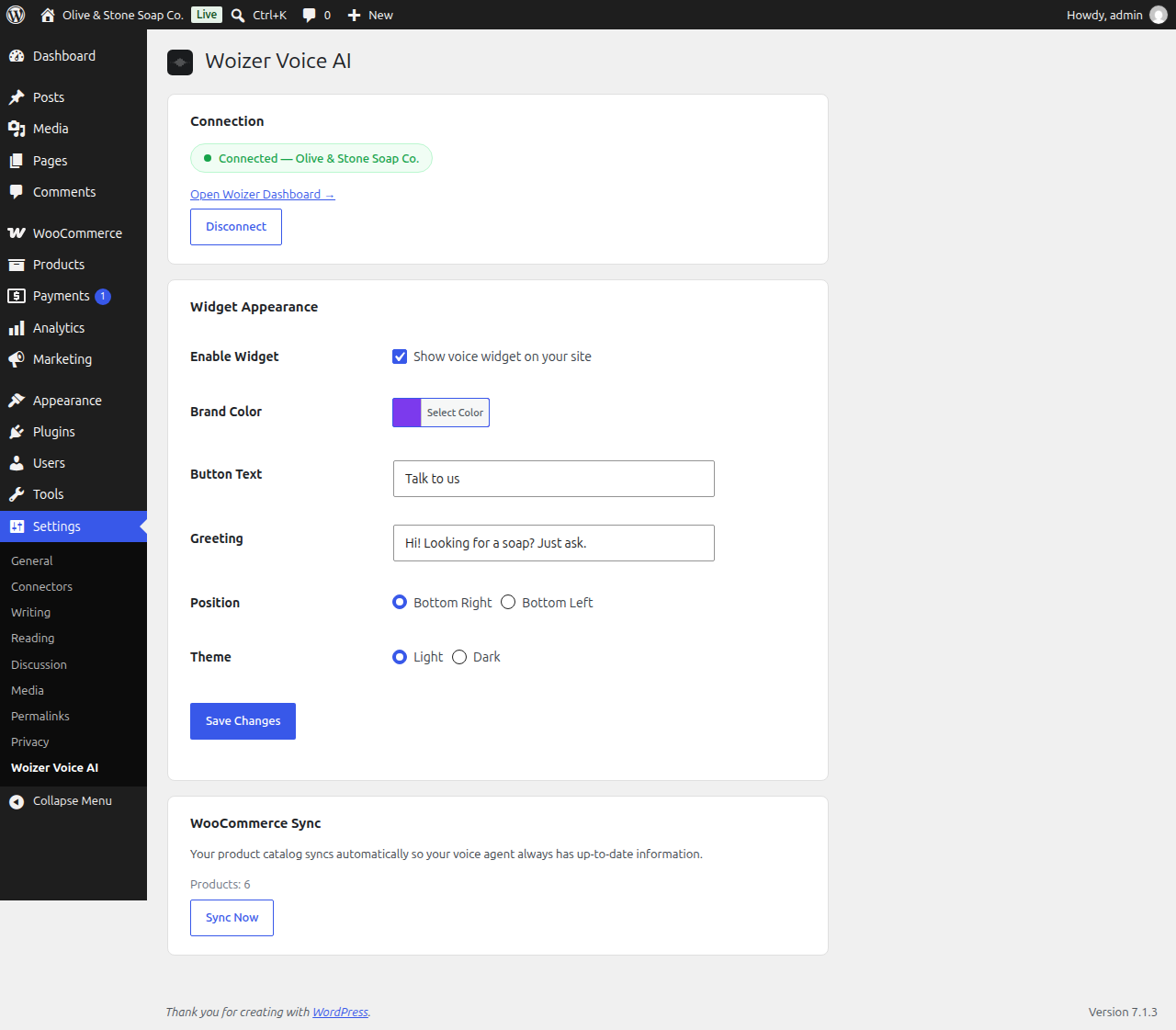 Plugin settings page — connection and widget configuration