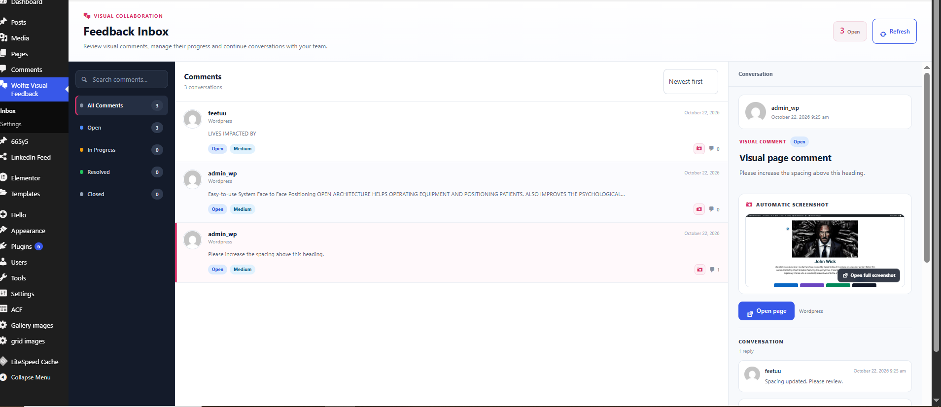 Review feedback in the admin inbox with an automatic screenshot and conversation replies.