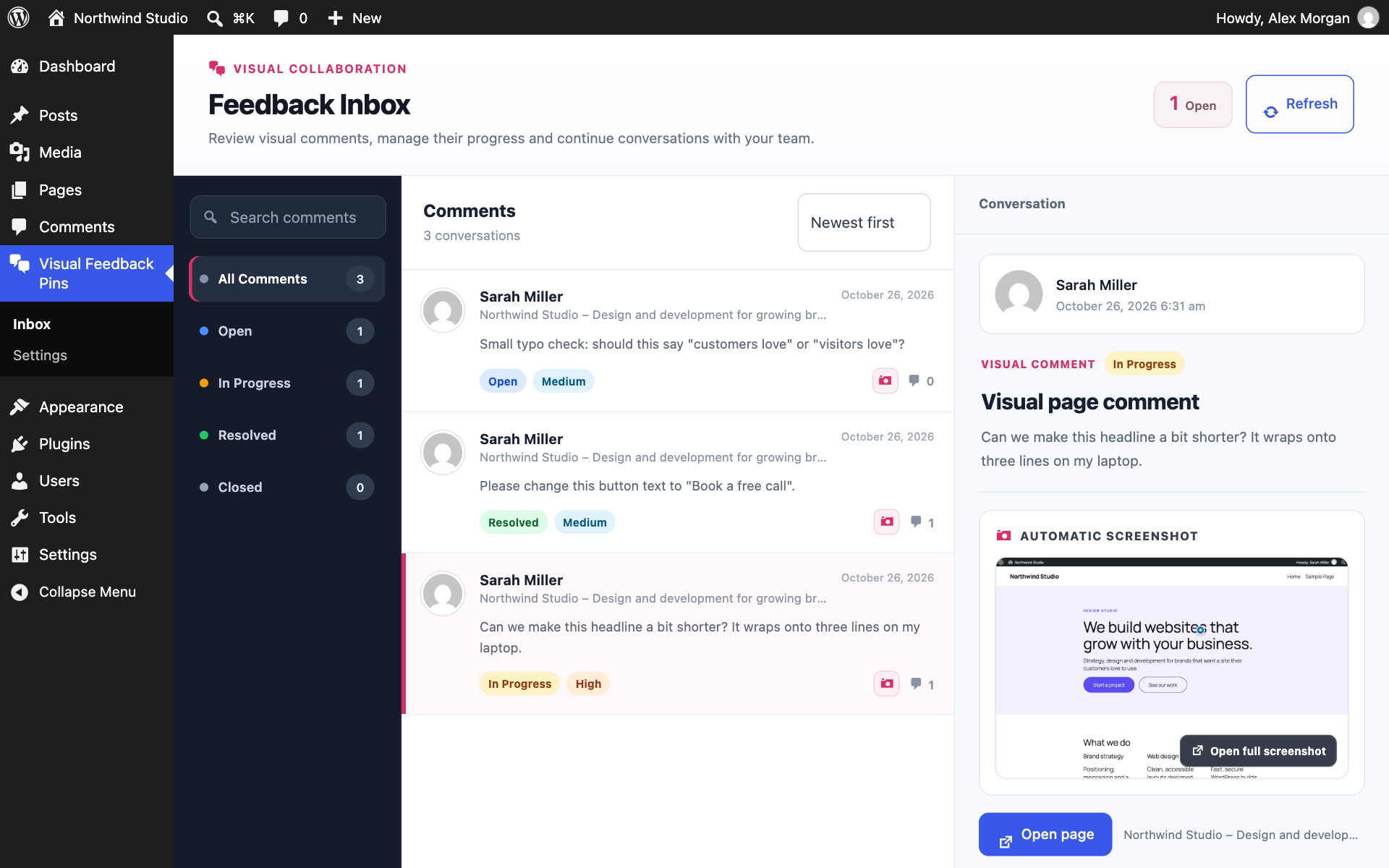 The feedback inbox with status filters, priority, the automatic screenshot and the full conversation.