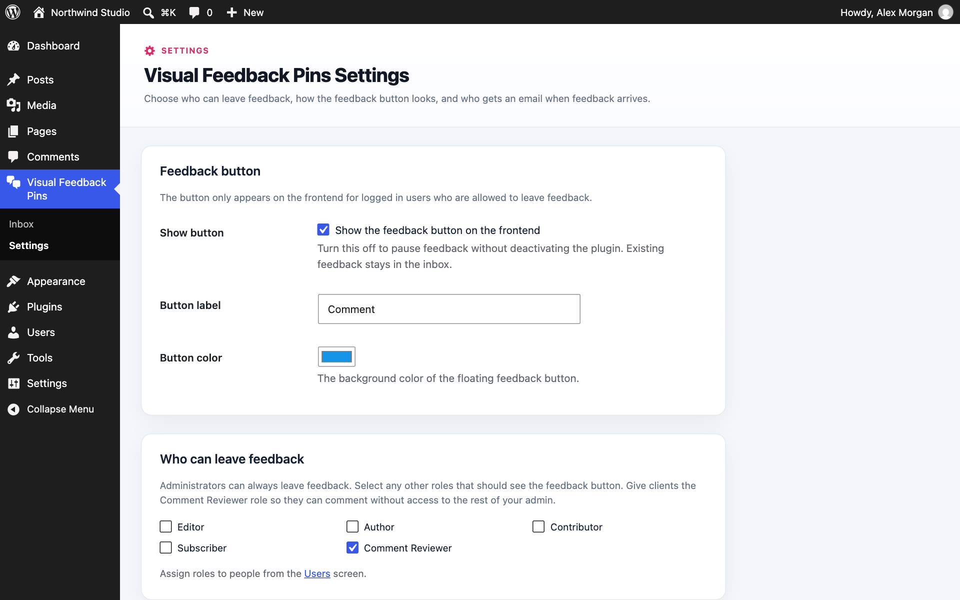 Settings for the button, who can leave feedback and email notifications.