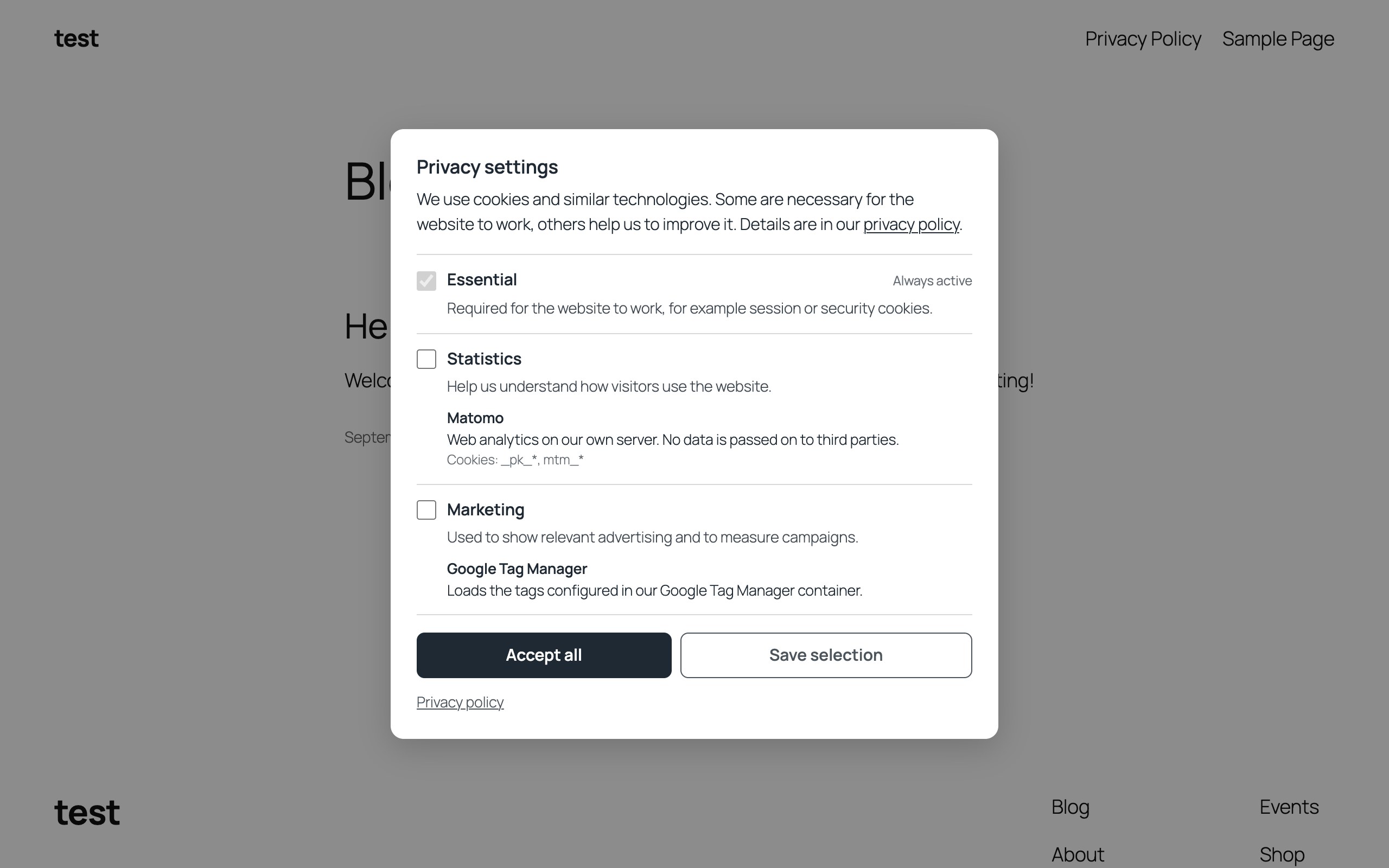 Choose individually: categories with their services and cookies, nothing optional preselected.
