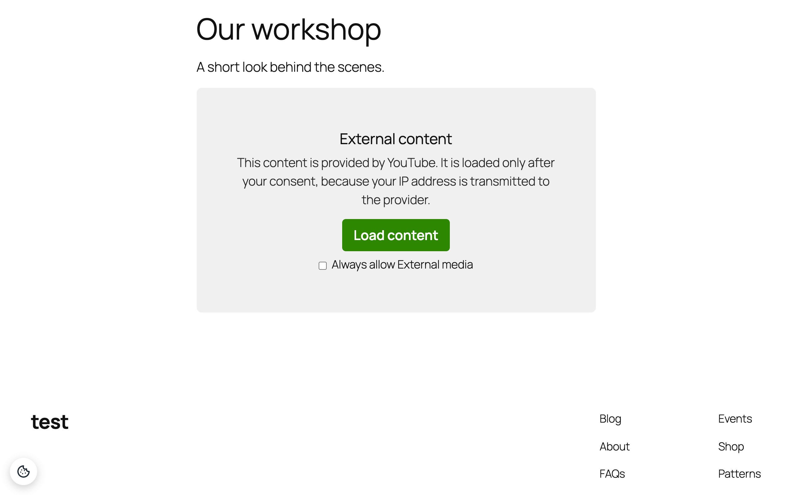 A blocked YouTube video: the placeholder explains, "Load content" loads it once, the checkbox allows the category for good.