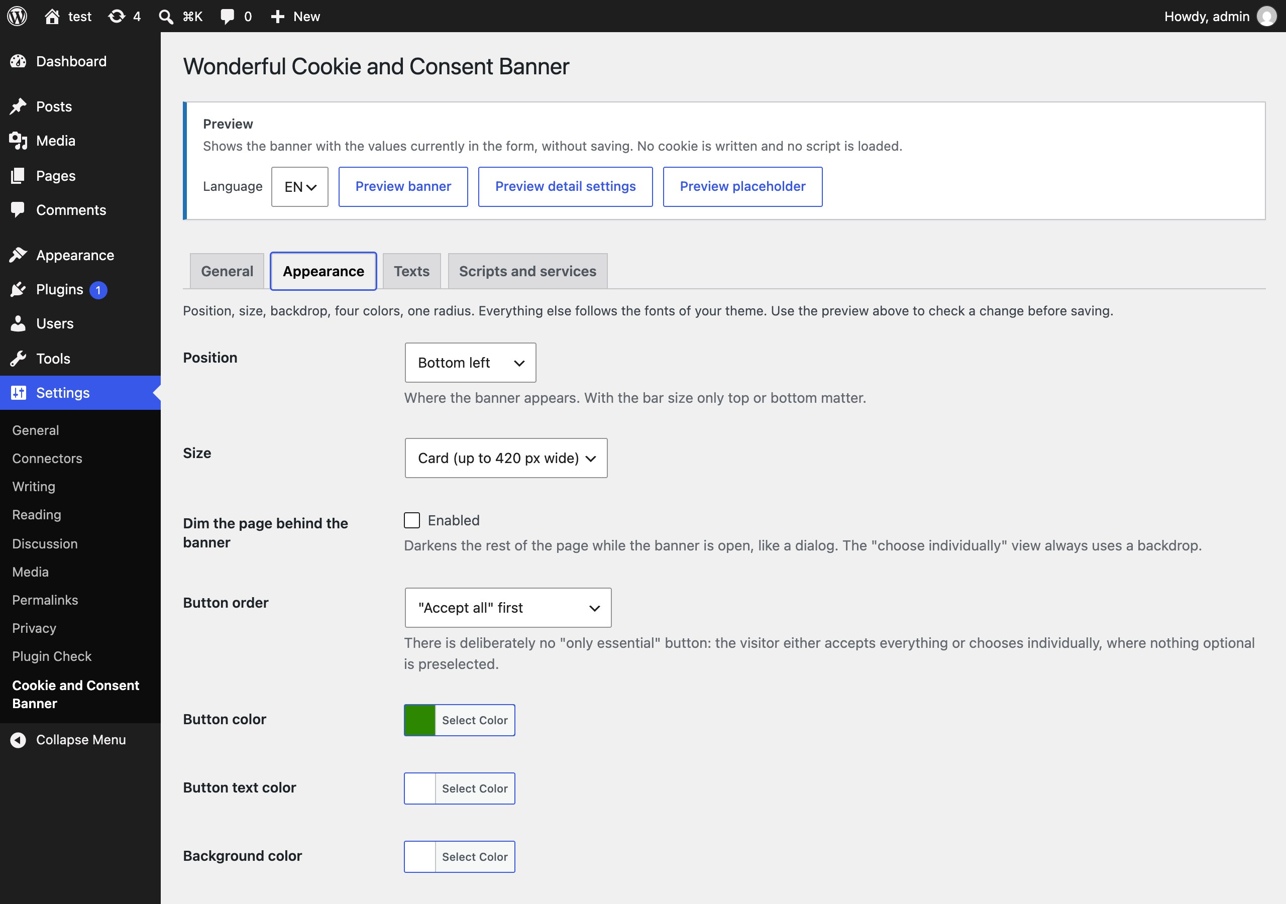 Settings, Appearance: position grid, size, backdrop, button order, colors. Three preview buttons render the current form without saving.