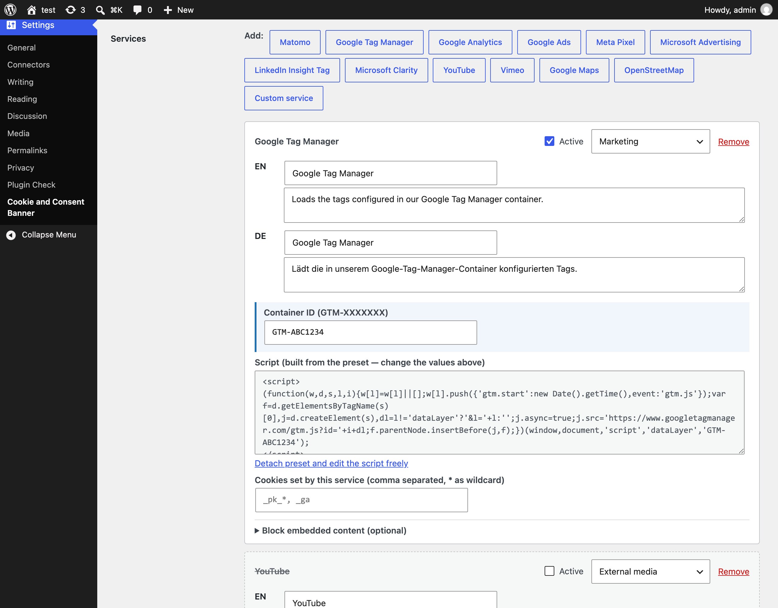 Settings, Scripts and services: twelve presets, the account ID as a field of its own, per-language name and description, the script that runs after consent, cookies, and an "Active" switch that parks a service without deleting it.