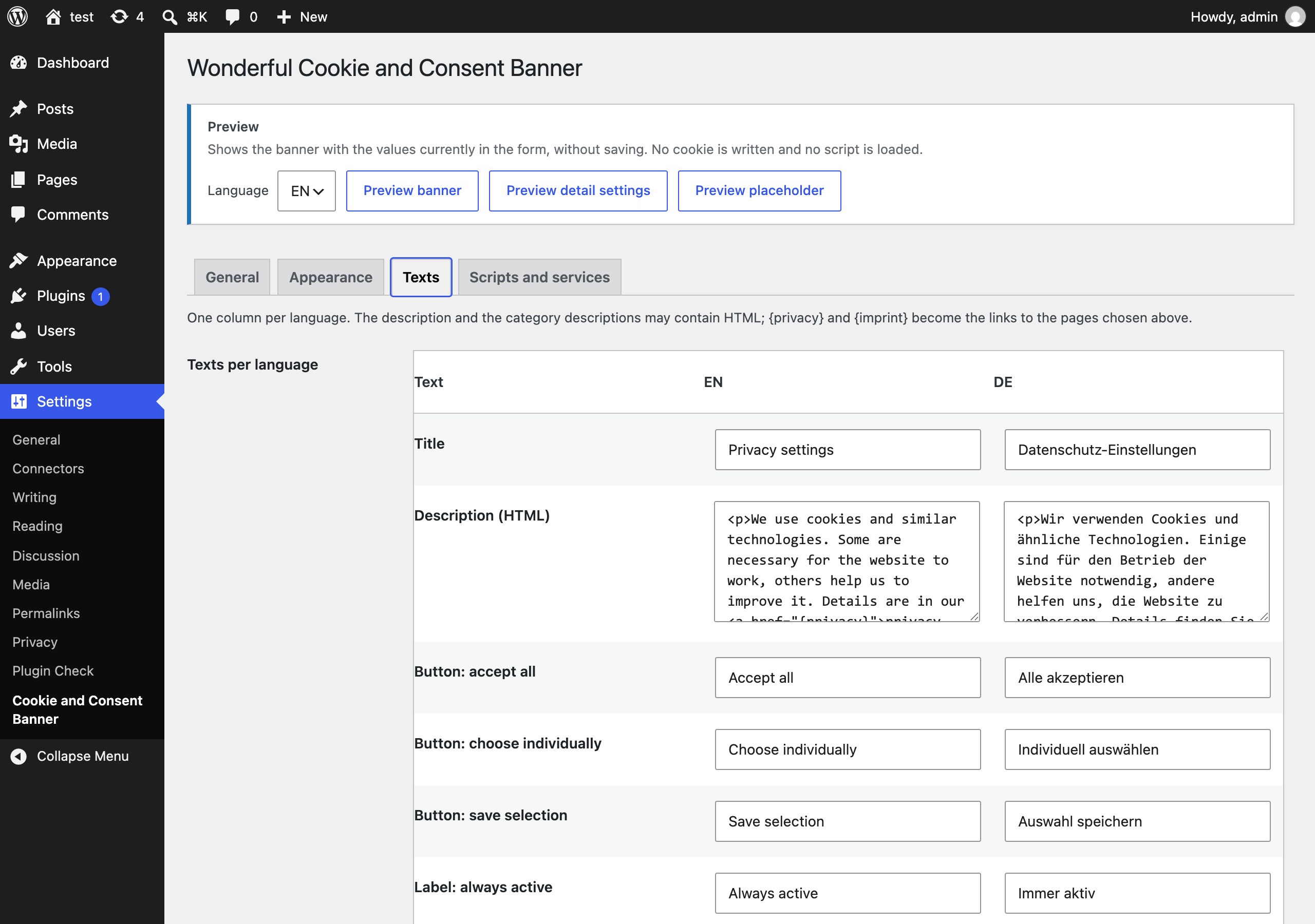 Settings, Texts: every text in one column per language, HTML where it helps.
