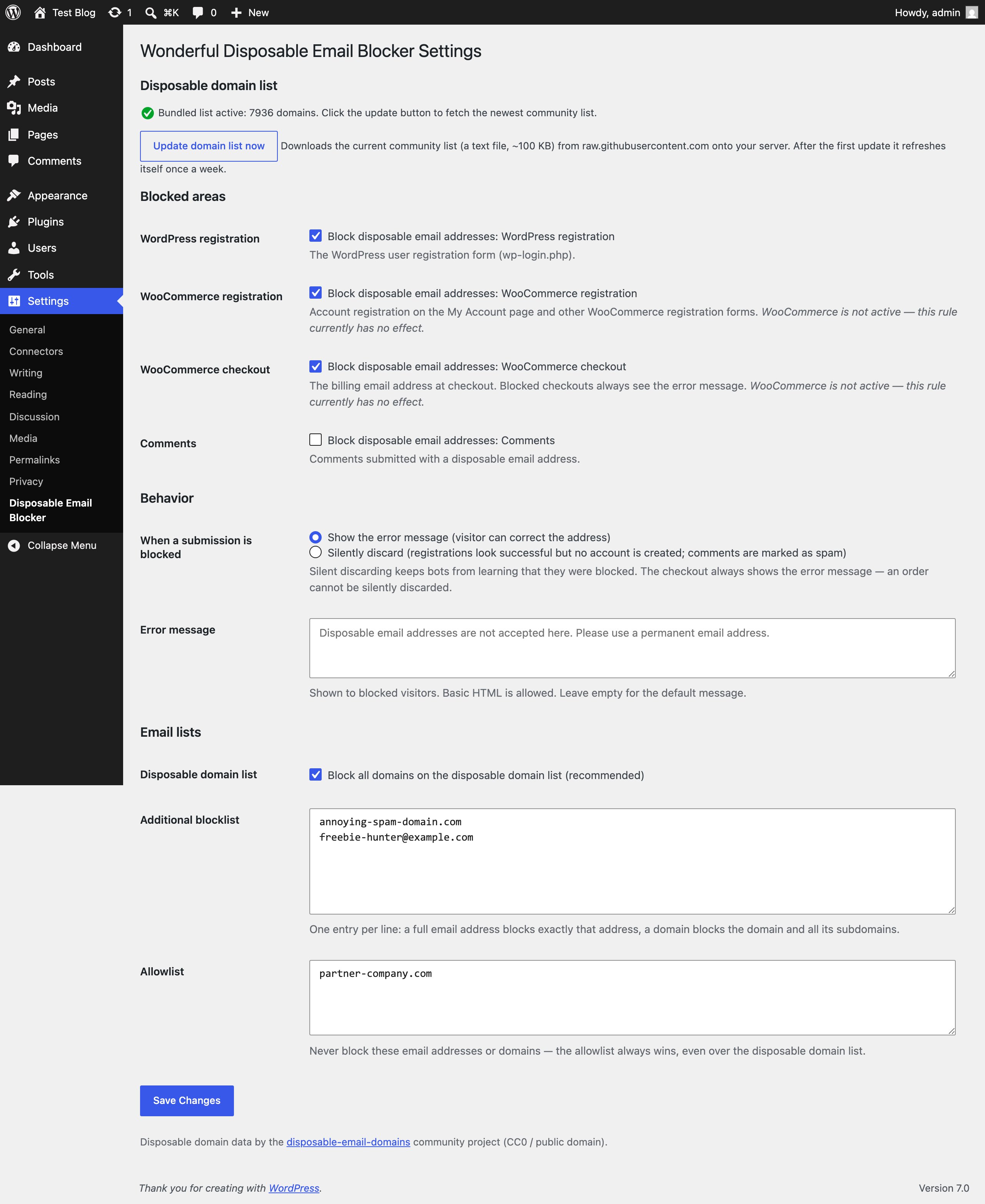 The settings page: blocked areas, behavior on block, and custom block/allow lists.