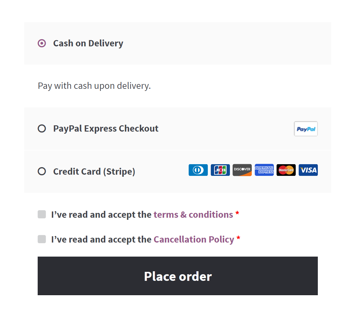 Additional terms and condition checkbox on the WooCommerce checkout page.