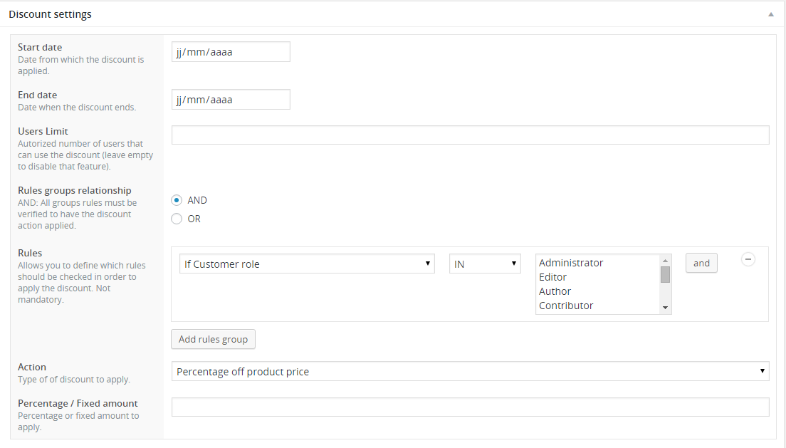 Discount creation page