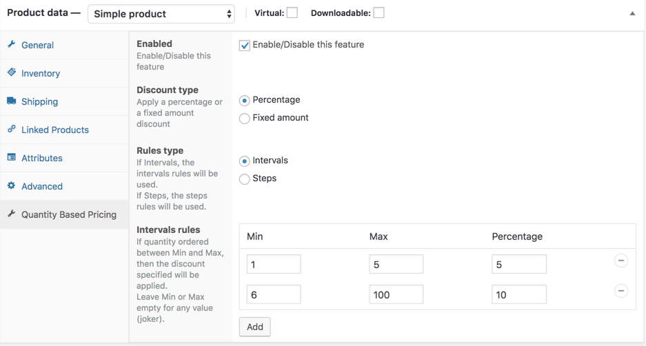 Product quantity based pricing page