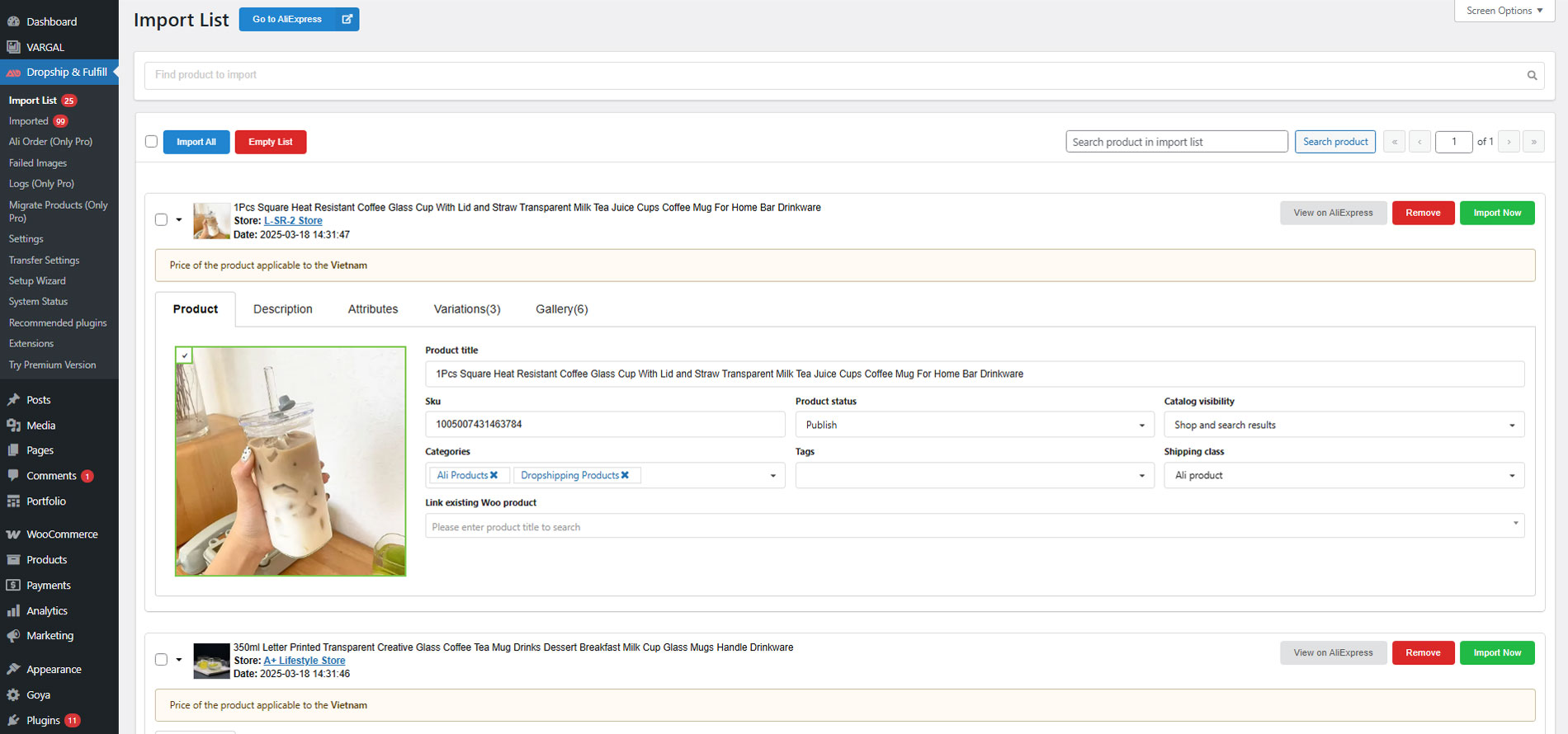 Import list tab product