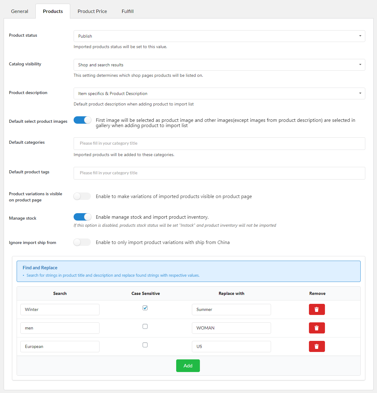 Product default settings when adding products to import list