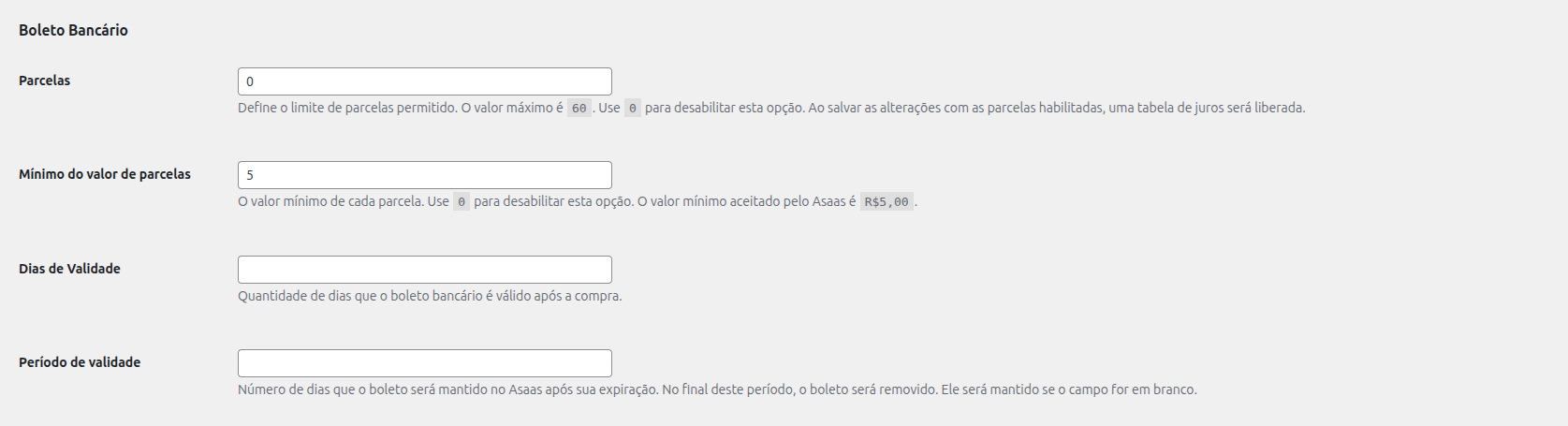 Configurações de boleto bancário