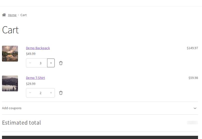 The same −/+ buttons in the WooCommerce Cart block