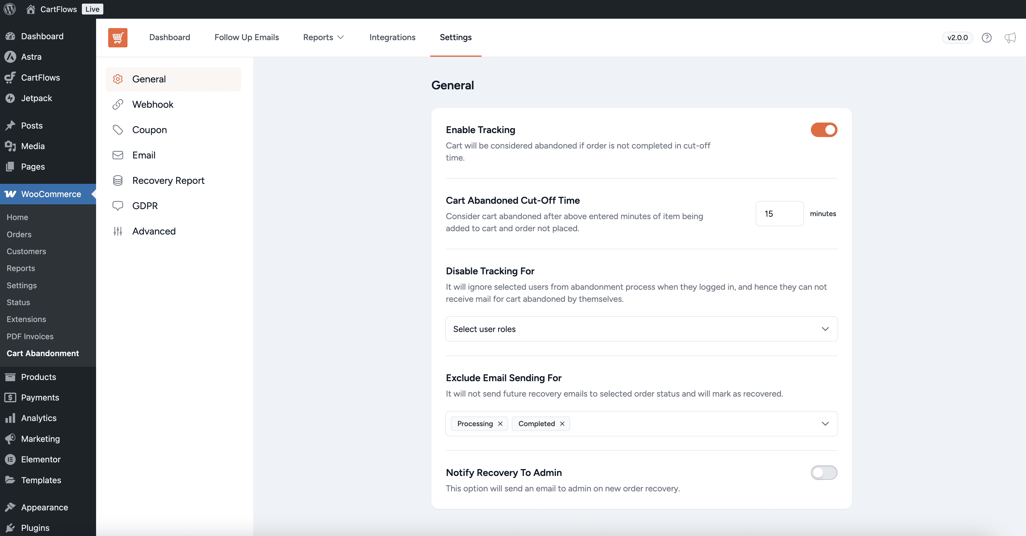 General settings for Email, Webhook (Coupon Code), GDPR