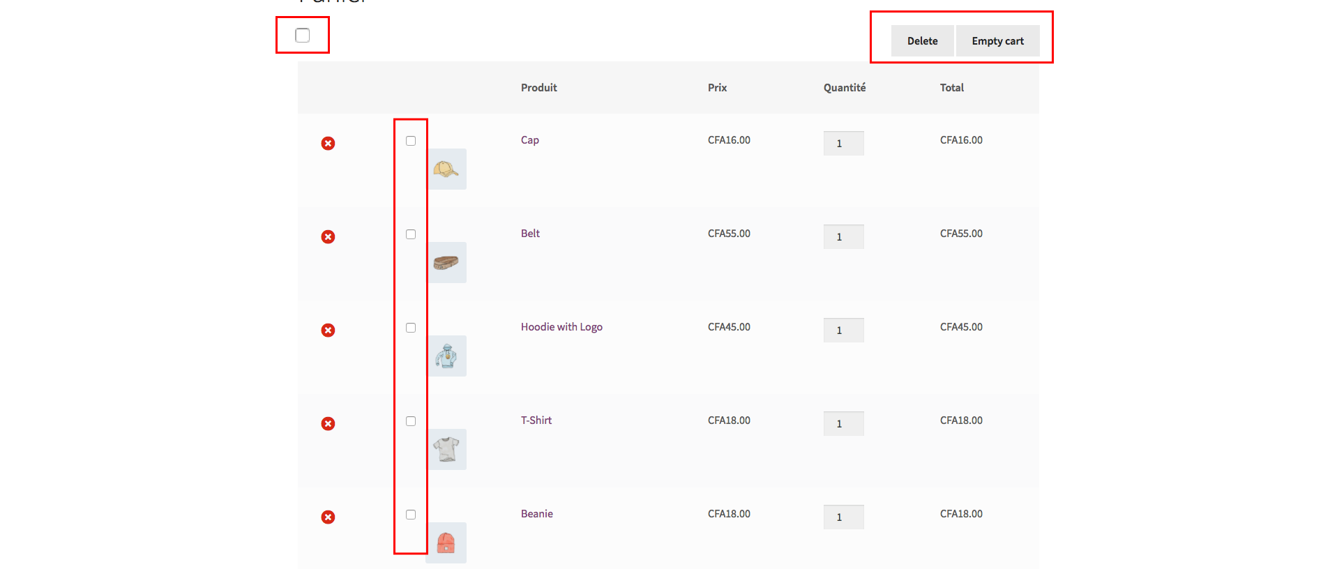 Plugin adds buttons and checkboxes in cart