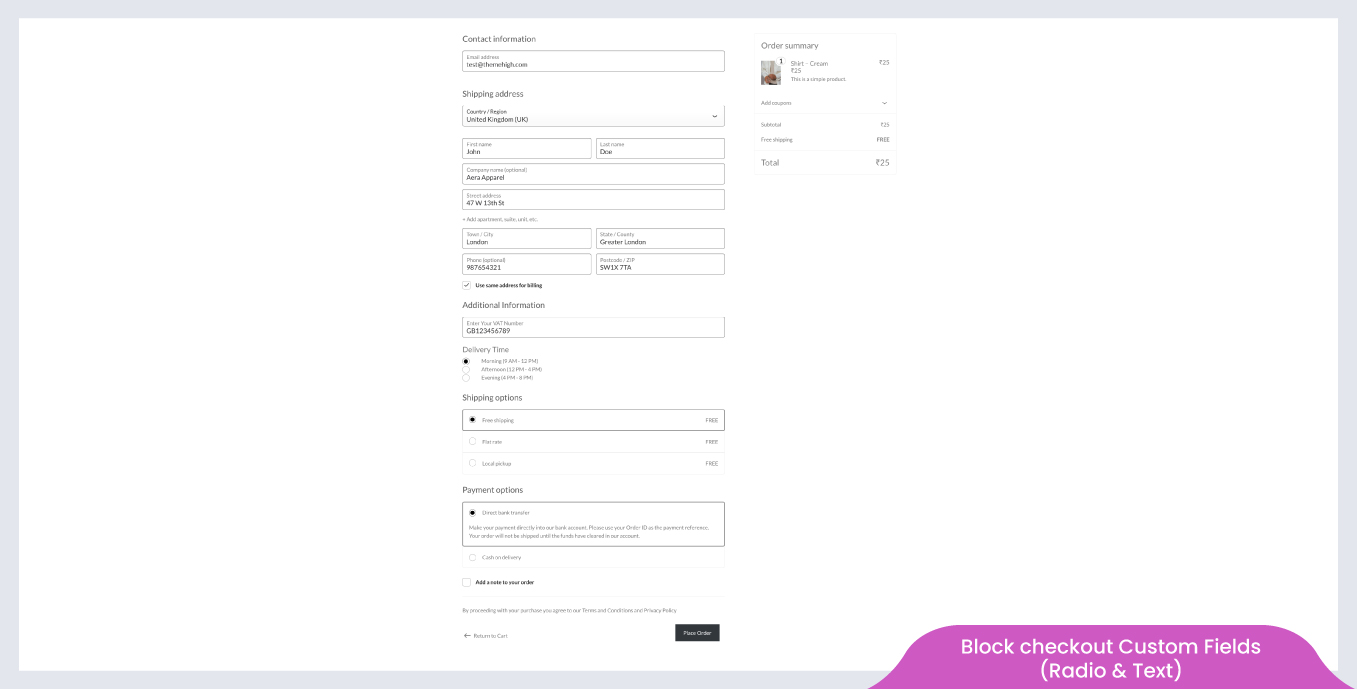 Block checkout custom fields( Radio and Text)