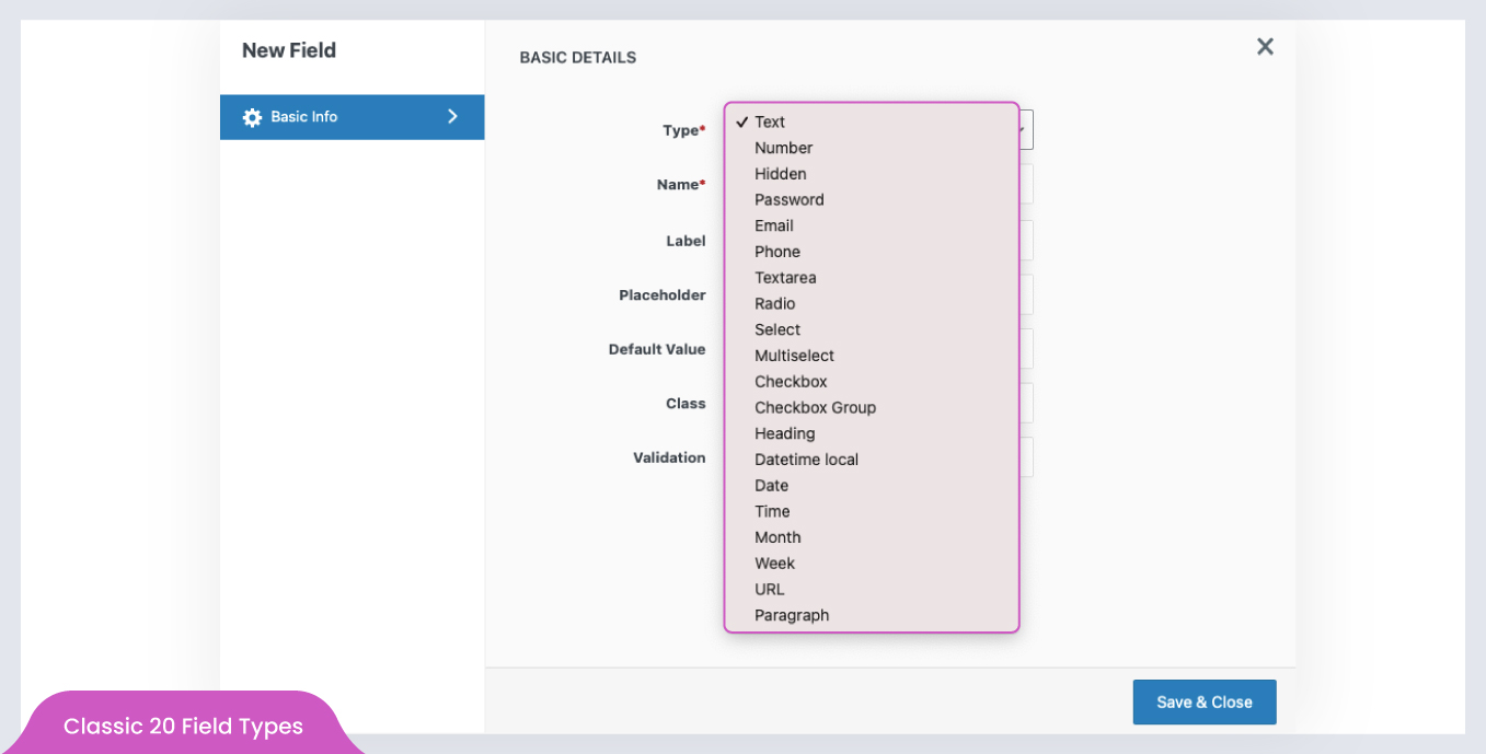 New field popup form