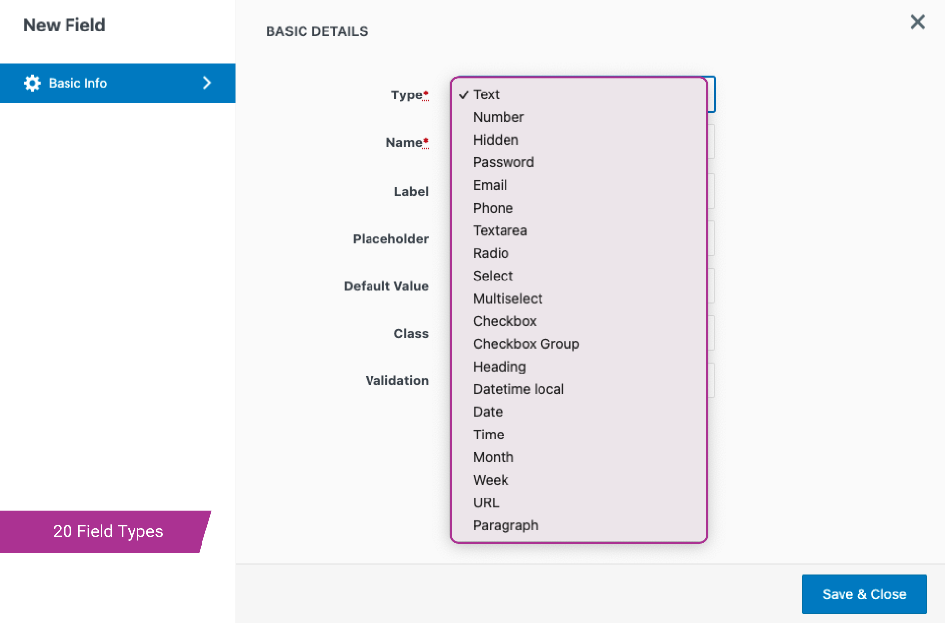 New field popup form