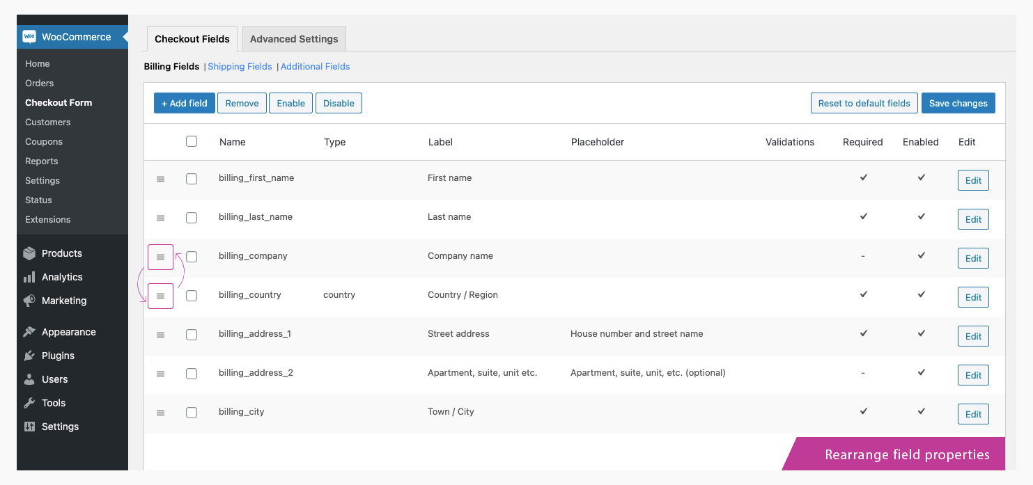 Rearrange fields (change field's display order)