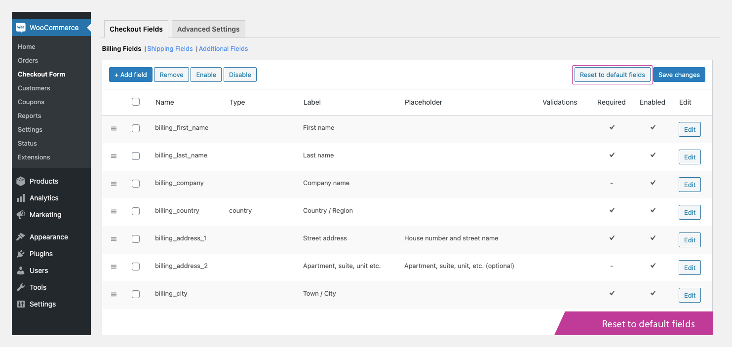 Reset to default settings