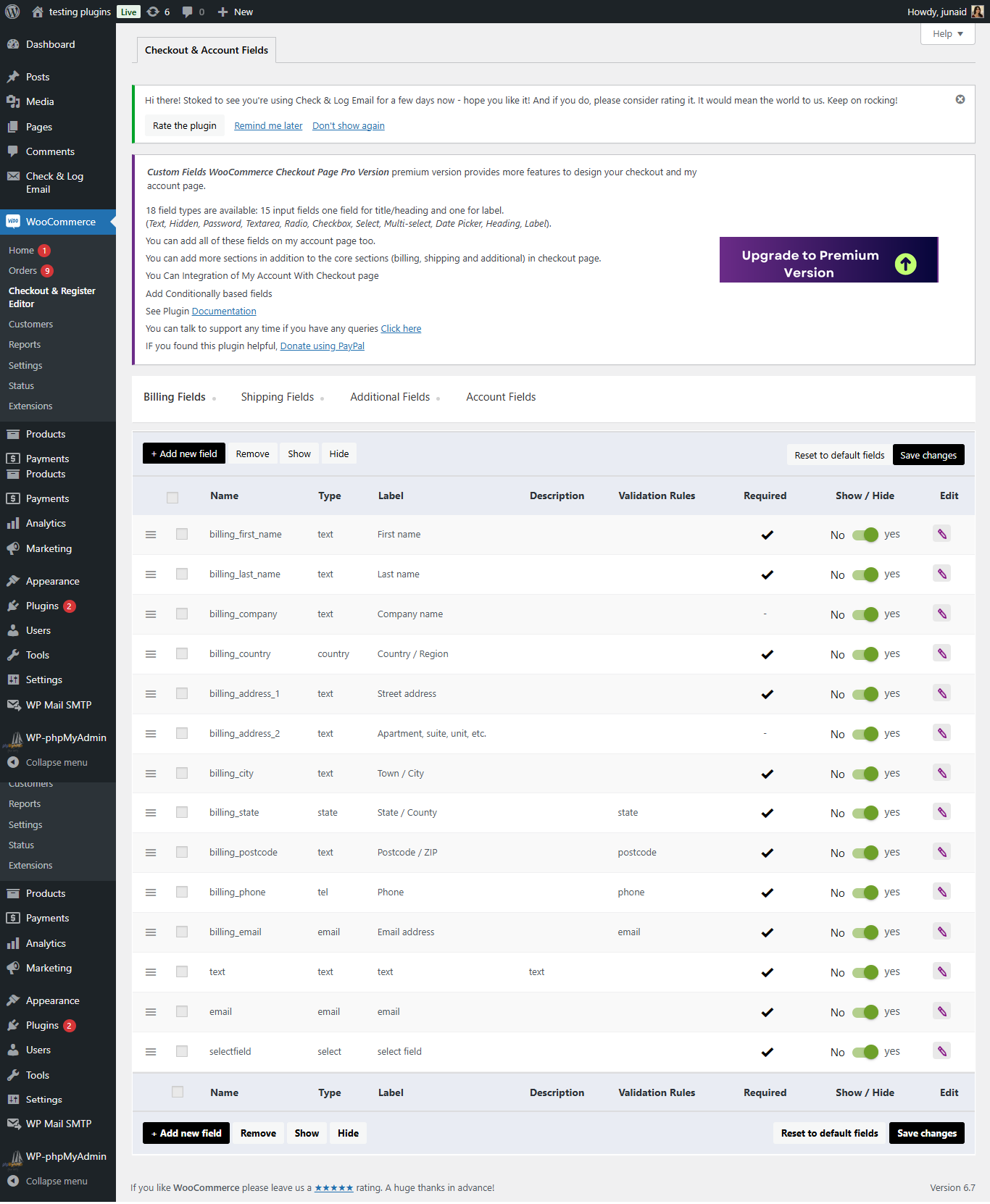 All Fields table on plugin page