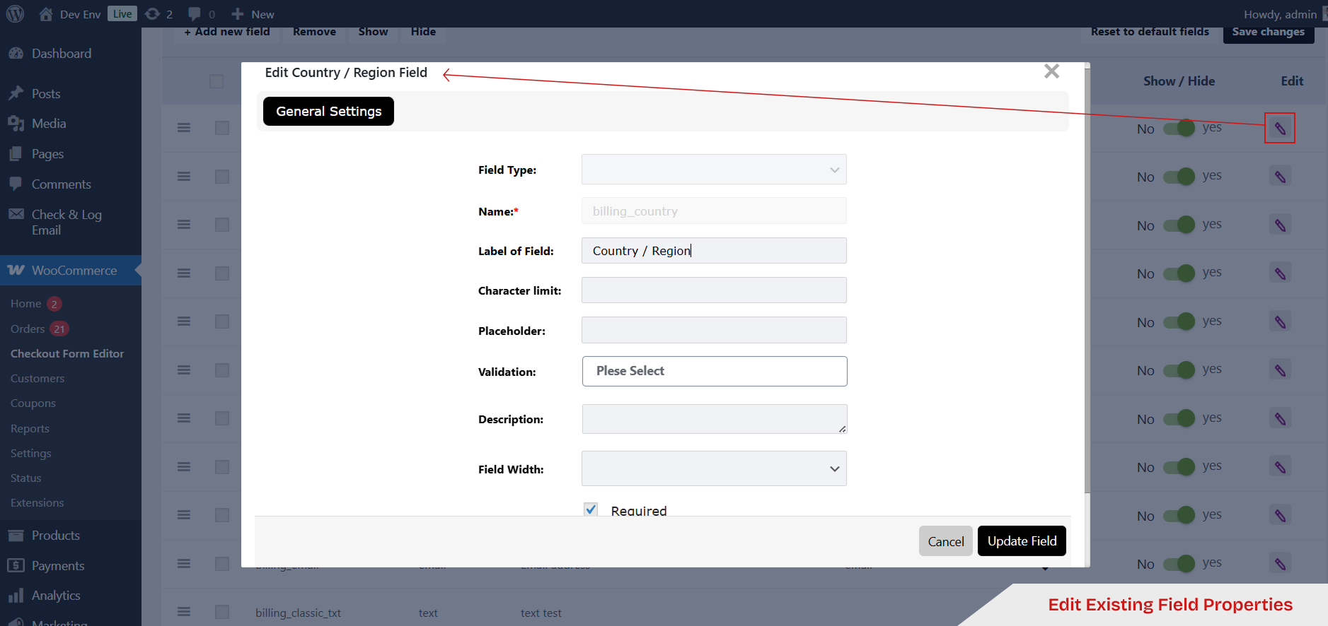 <p>Edit Existing Fields Properties</p>