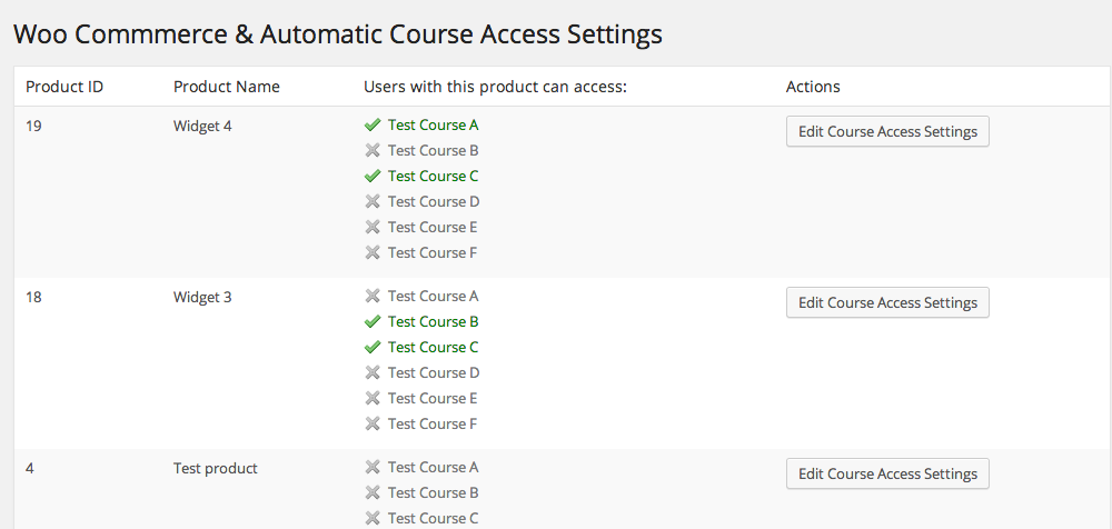 The Course Access Settings screen will display which products are associated with which courses