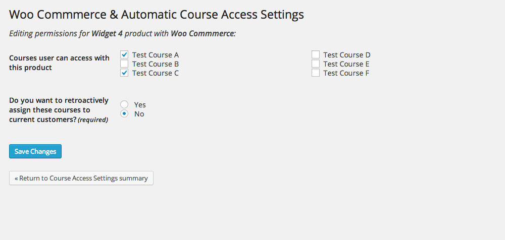 <p>This is the actual configuration screen where you can select courses that will be associated with a particular product as well as retroactively assign courses to current customers</p>