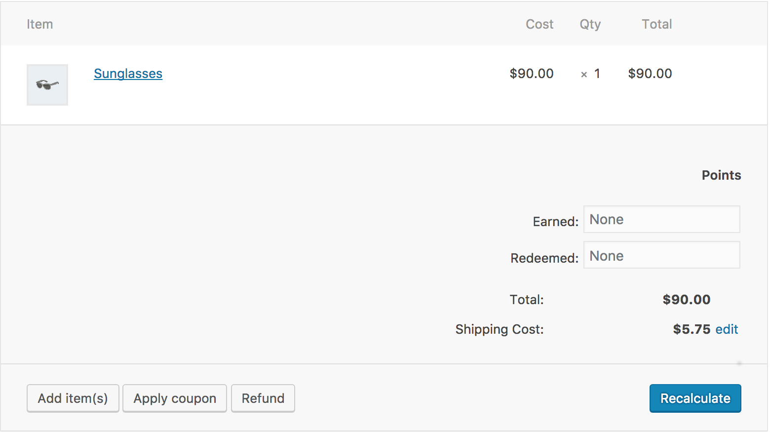 A new field is added underneath the order items block, underneath the "Total" row, along with an edit button.