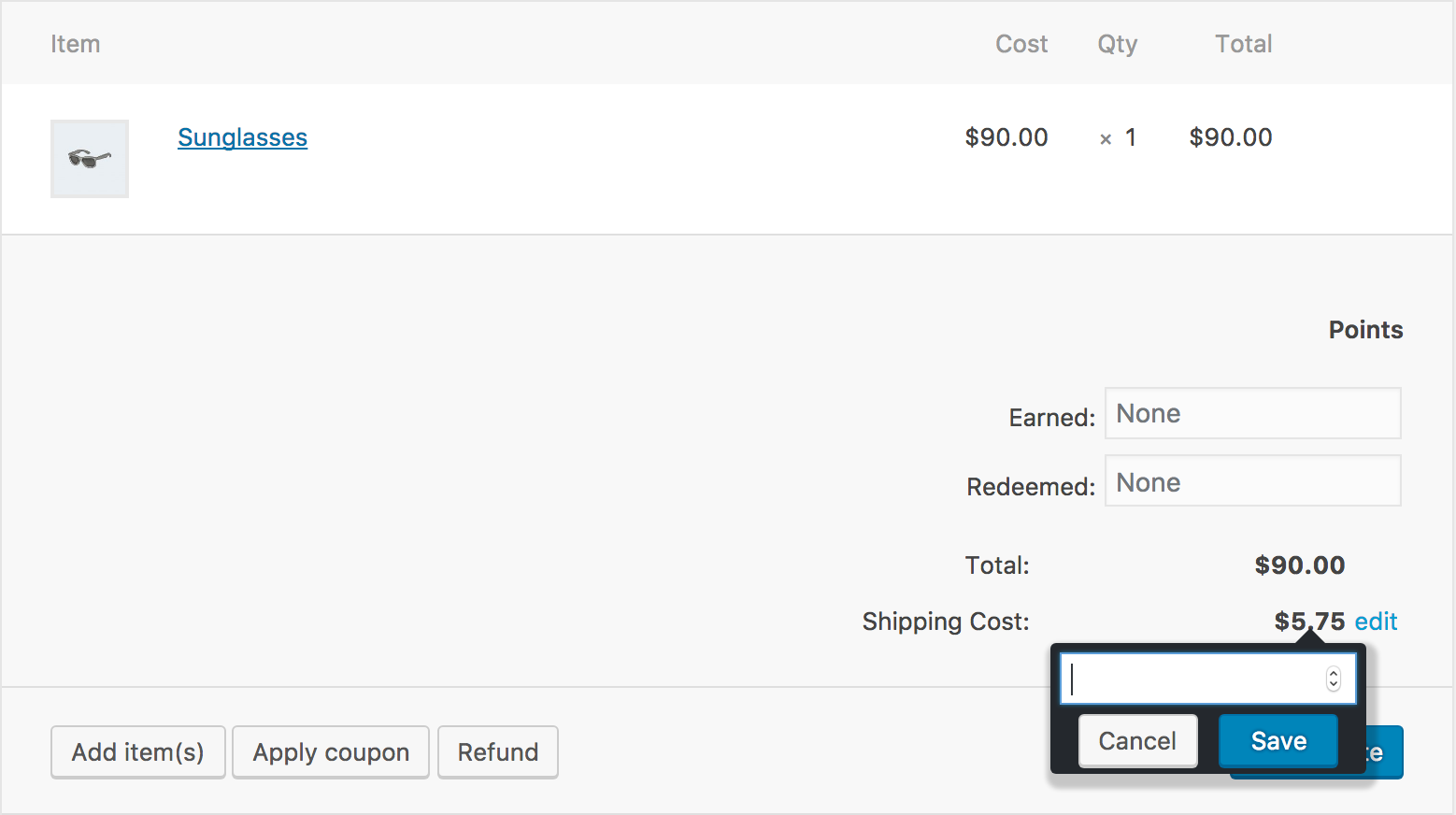 Shows the JavaScript popup that allows you to manually edit the cost of shipping for this order.