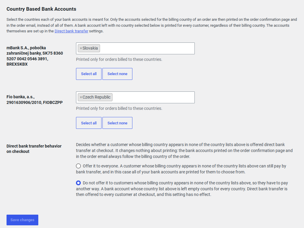 Country Based Bank Accounts settings page for WooCommerce