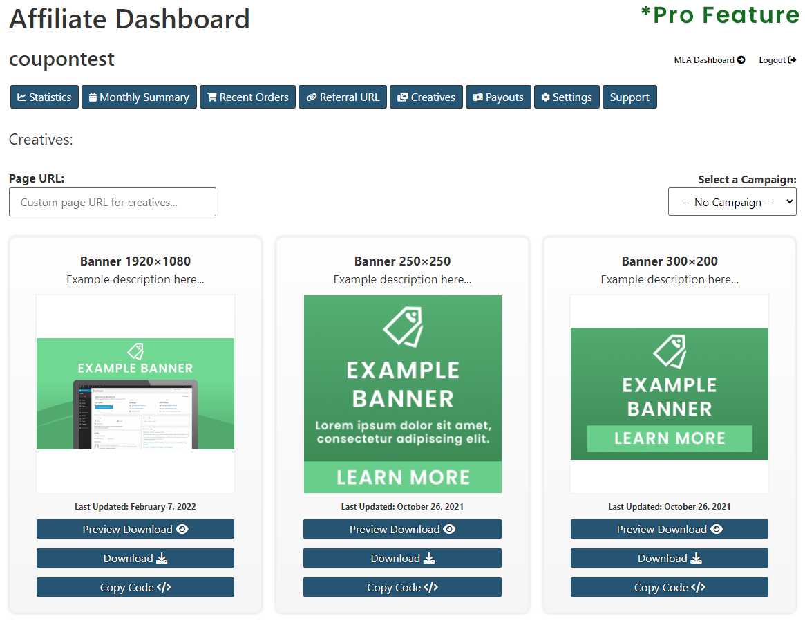 Pro Feature: Example of 'Creatives' tab on affiliate dashboard.