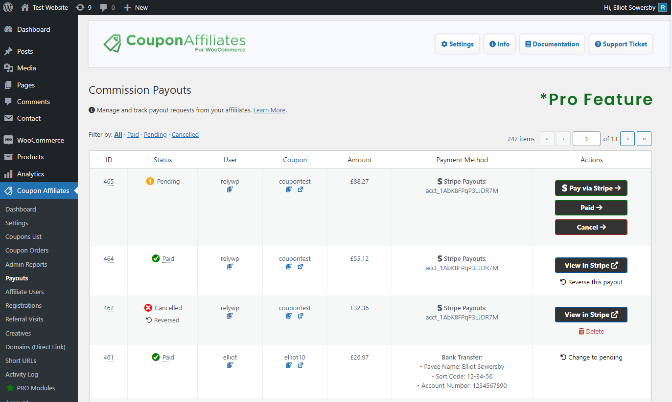 Pro Feature: Example of Admin commission payouts management area.