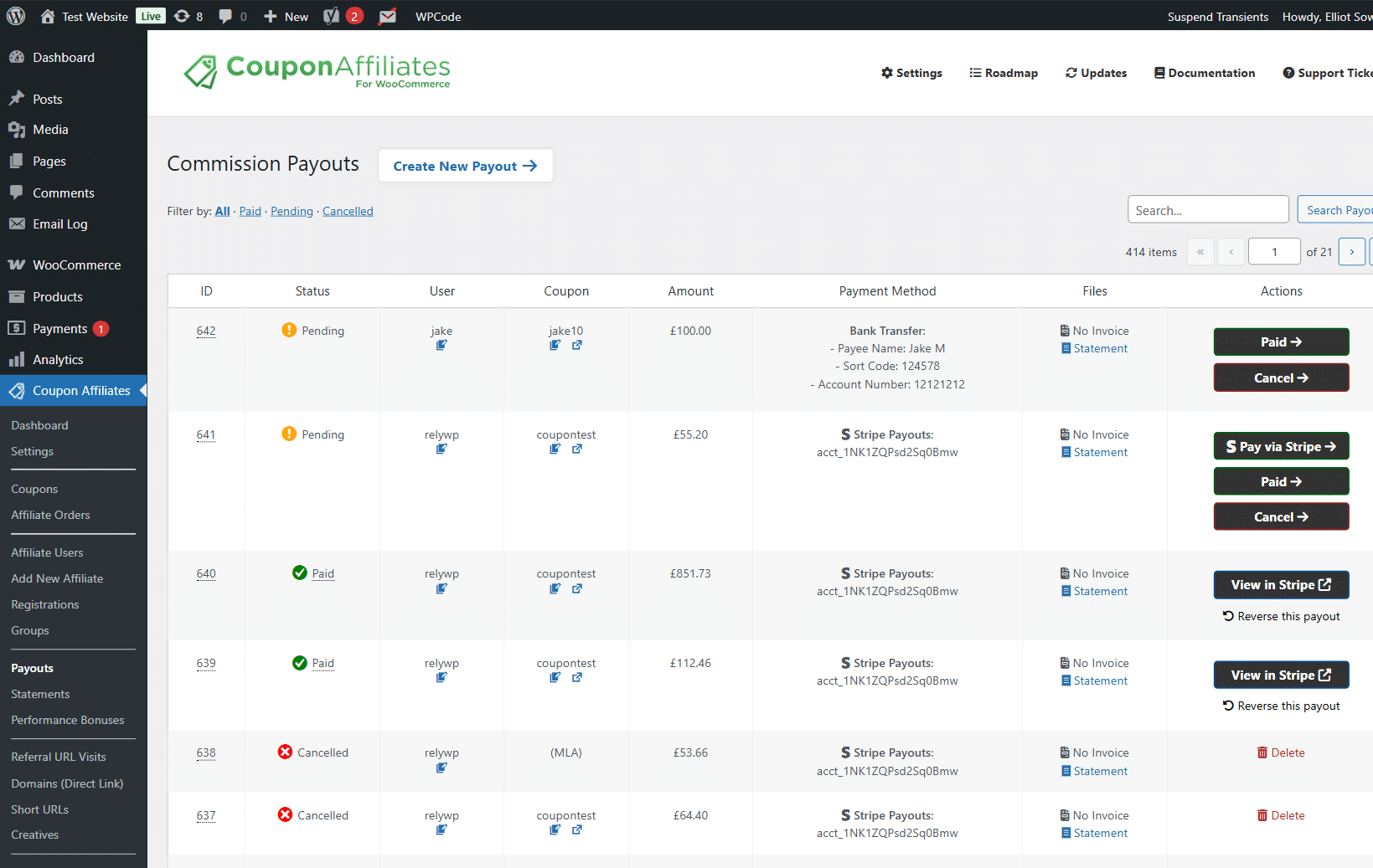 Pro Feature: Example of Admin commission payouts management area.
