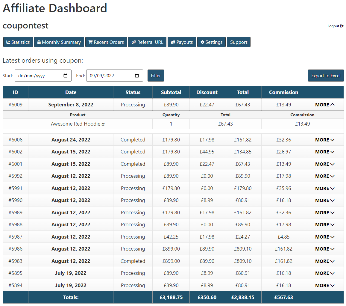 Example of "Recent Orders" (Referrals) tab on affiliate dashboard.