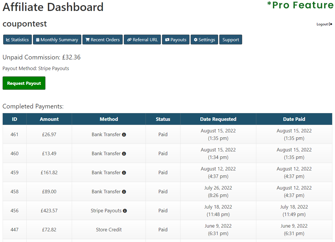 Pro Feature: Example of Affiliate commission payouts requests and logs.